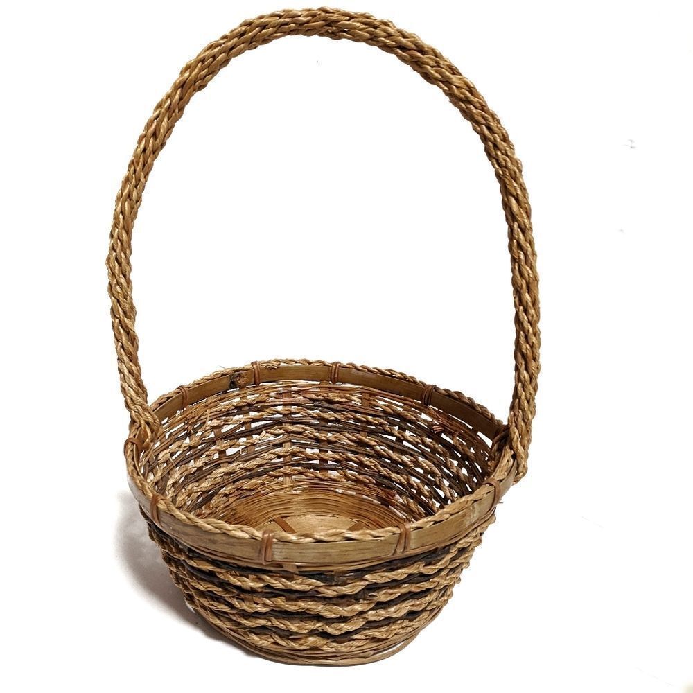 Wicker Braided Tall Handle Basket Two Tone Boho